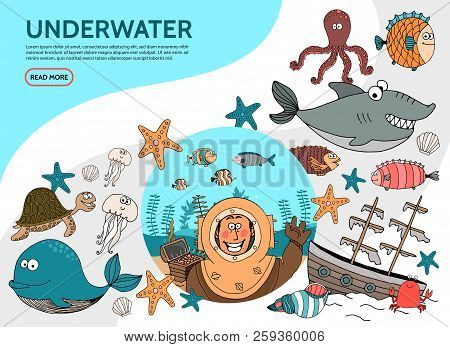 Flat Underwater Life Elements Set With Diver Whale Octopus Shark Fish Starfish Turtle Jellyfish Crab