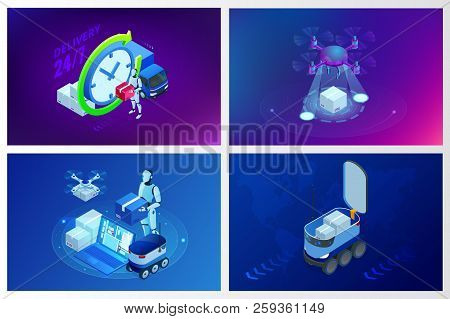 Isometric Drone Fast Delivery Of Goods In The City. Technological Shipment Innovation Concept. Auton