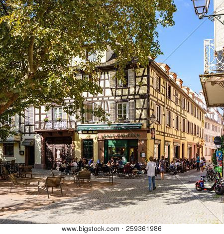 Strasbourg, France - Sep 15, 2018: Alsatian Houses In Place Des Orphelins Central Square In Strasbou