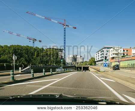 Strasbourg, France - Sep 15, 2018: Driver Point Of View Commuting On The E52 Highway Preparing To Pa