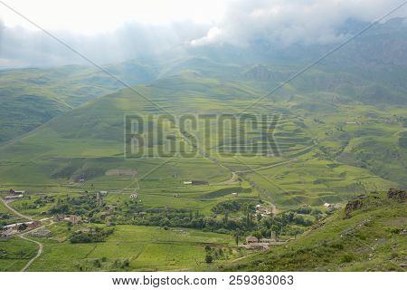Beautiful Mountain Landscape. Fiagdon High Mountain Village In Kurtatinskoe Gorge, Republic Of North