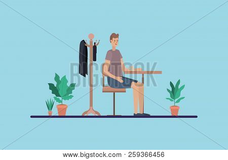 Young Man Drinking Coffee On The Dinning Room Vector Illustration Design