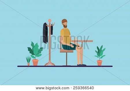 Young Man Drinking Coffee On The Dinning Room Vector Illustration Design