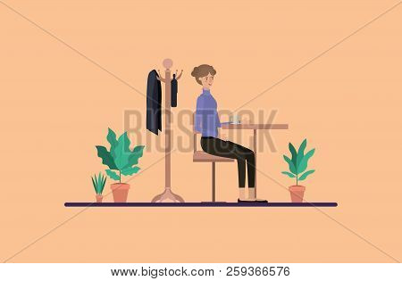 Young Woman Drinking Coffee On The Dinning Room Vector Illustration Design