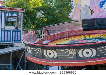 September 9, 2018; Seoul, South Korea: Old Dirty Tilt A Whirl Decaying At Bankrupt Amusement Park.