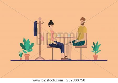 Young Couple Drinking Coffee On The Dinning Room Vector Illustration Design