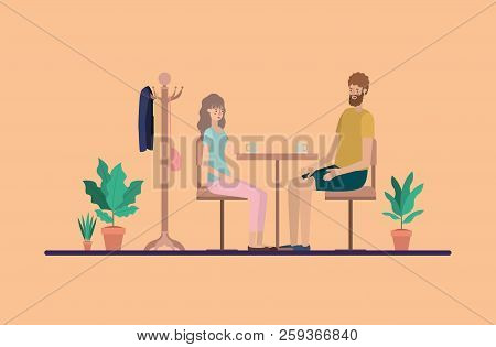 Young Couple Drinking Coffee On The Dinning Room Vector Illustration Design