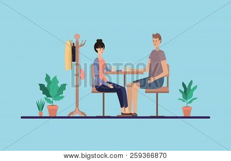 Young Couple Drinking Coffee On The Dinning Room Vector Illustration Design