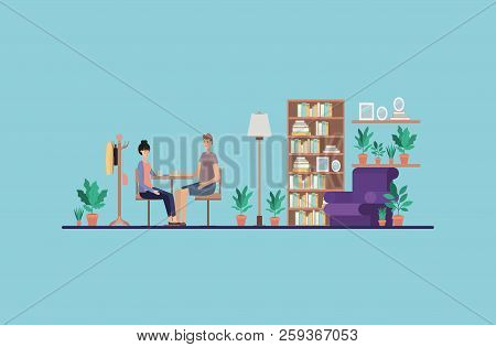 Young Couple Drinking Coffee On The House Vector Illustration Design