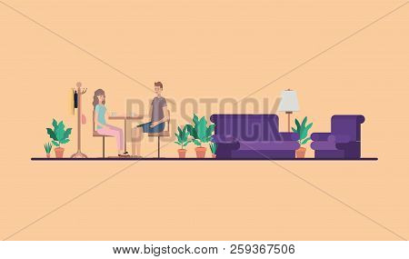 Young Couple Drinking Coffee On The House Vector Illustration Design