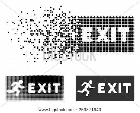 Emergency Exit Icon In Fragmented, Dotted Halftone And Whole Versions. Pixels Are Grouped Into Vecto