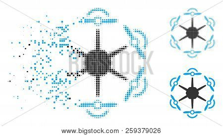 Flying Hexacopter Icon In Dispersed, Dotted Halftone And Entire Variants. Elements Are Combined Into