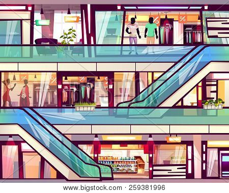 Mall Shop With Escalator Staircase Vector Illustration. Menswear And Womenswear Fashion Clothes Bout