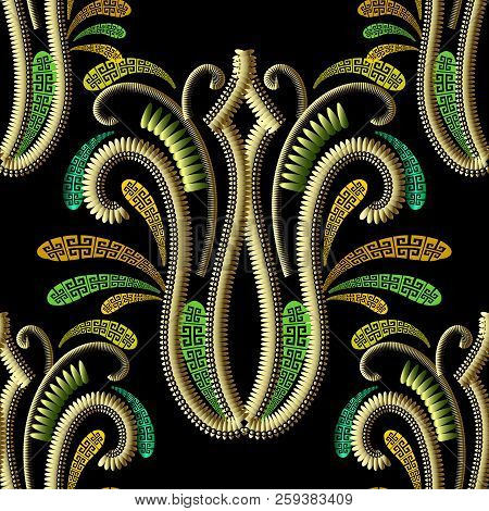 Ornate Gold 3d Greek Style Paisley Seamless Pattern. Modern Orna