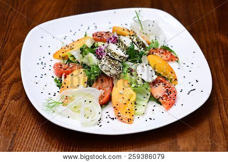 Vegetable Salad For Vegetarian On White Dish. Vegetarian Cuisine. Born Again Vegan.