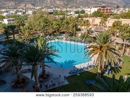 Malia. Crete, Greece - July 1, 2018: Swimming Pool At Luxury Hotel In Malia On Crete, Greece