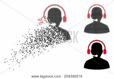 Telemarketing Icon In Fragmented, Pixelated Halftone And Undamaged Versions. Particles Are Composed 