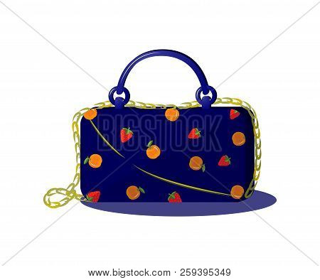 Illustration Of Blue Handbag With Chain And Pattern Of Srawberry, Orange. Vector. Flat Style. Fashio