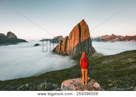 Tourist Traveling Enjoying Sunset Segla Mountain Landscape Hiking Adventure Outdoor In Norway Active