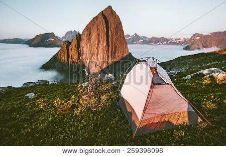 Camping Tent And Segla Mountain Landscape In Norway Travel Lifestyle Concept Adventure Summer Vacati