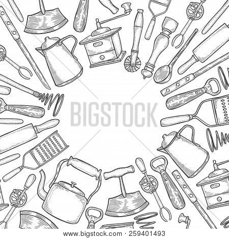 Background Of Kitchen Utensils Set. Vector Large Collection Hand Drawn Illustration With Kitchen Too