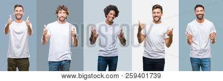 Collage of group of handsome hispanic, indian and arab men over vintage background success sign doing positive gesture with hand, thumbs up smiling and happy. Looking at the camera