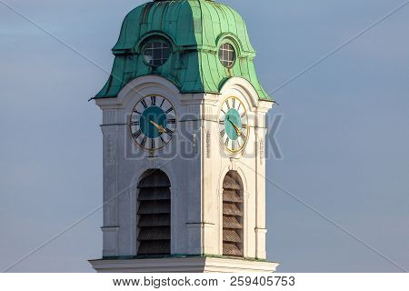 Clock Tower From The Saint Heinrich Parish Church In Fuerth / Germany