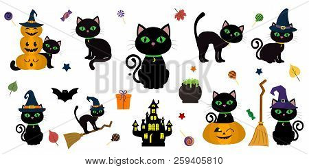 Happy Halloween. Mega Set Of Black Cat With Green Eyes In Different Poses With A Pumpkin, On A Broom