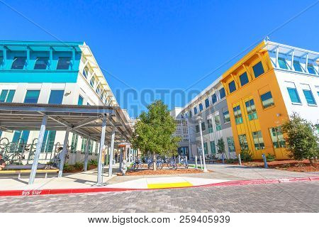 Mountain View, Ca, United States - August 15, 2016: Main Gate Of Facebook Colorful Headquarter With 