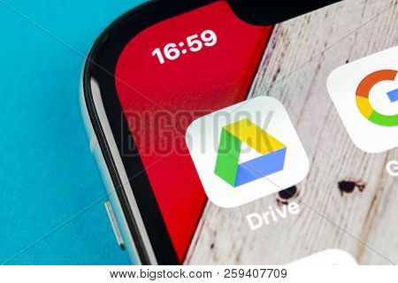Sankt-petersburg, Russia, September 19, 2018: Google Drive Application Icon On Apple Iphone X Screen
