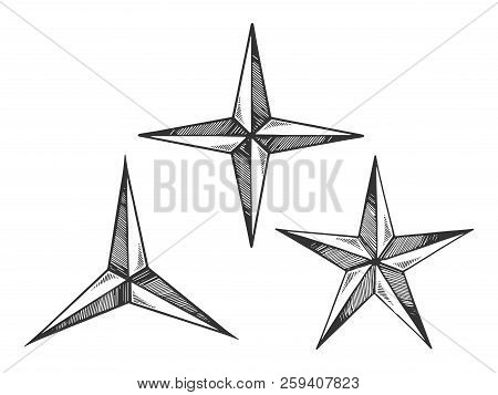 Star Shapes Engraving Vector Illustration. Scratch Board Style Imitation. Black And White Hand Drawn