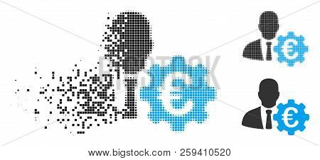Euro Economist Icon In Dissolved, Pixelated Halftone And Solid Variants. Points Are Composed Into Ve