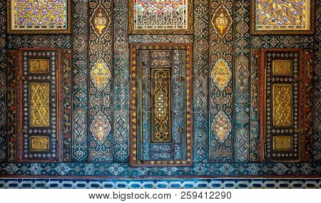 Cairo, Egypt - August 26 2018: Floral Ornaments Of Wooden Embedded Cupboards Painted With Colored Ge