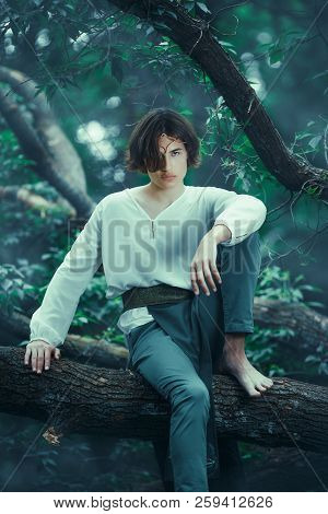Portrait Of Handsome Man With Crown In Forest Sitting On Branch Of The Tree At Night. Prince Of Elve