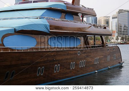 Luxury Yacht Moored In A Harbour Of Dubai. Boat For Pleasure In Dubai Creek, United Arab Emirates