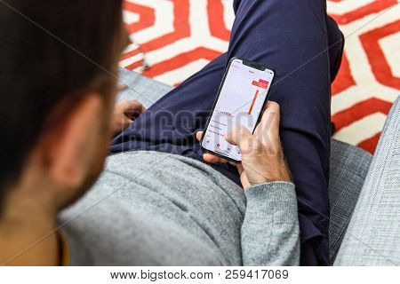 London, Uk - Sep 21, 2018: Man Using The New Apple Iphone Xs With The Immense Oled Retina Display An