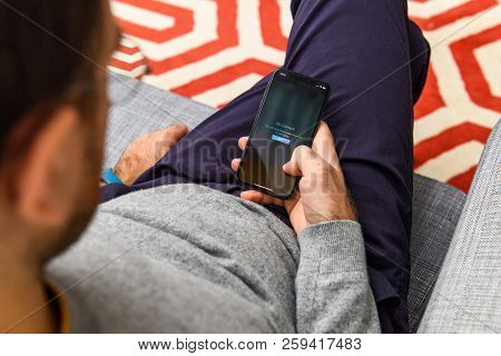 London, Uk - Sep 21, 2018: Man Using The New Apple Iphone Xs With The Immense Oled Retina Display An