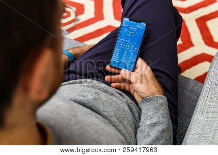 London, Uk - Sep 21, 2018: Man Using The New Apple Iphone Xs With The Immense Oled Retina Display An
