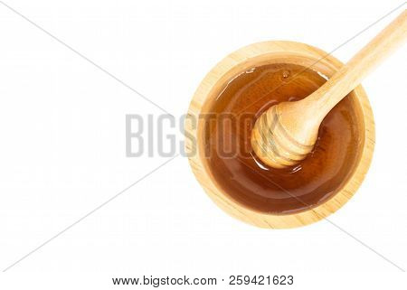 Top View Honey In Wood Bowl With Honey Dripper Isolated On White Background, Skin Care And Spa Beaut