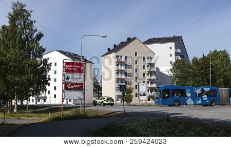 Umea, Sweden On June 17. View Of Crossroads With Traffic This Side Newly Build Modern Apartment Bloc