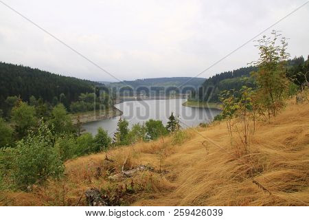 Okerstausee Near Goslar In The Harz.
The Reservoir Has Little Water In The Summer Of 2018 After A Lo