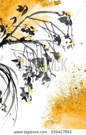 Watercolor And Ink Illustration Of Tree With Leaves, Background With Grunge Watersplash Texture, Ori