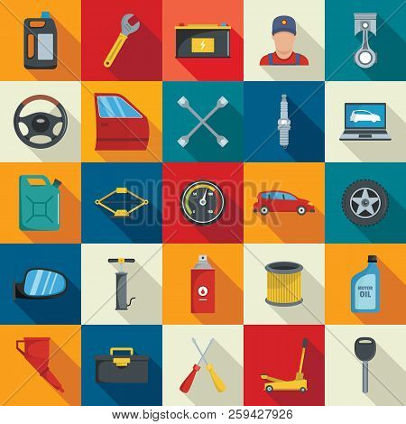 Auto Service Icons Set. S Set. Auto Service Vector Icons Set In Flat Style With Car, Auto Master, Oi