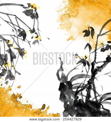 Watercolor And Ink Illustration Of Tree With Leaves, Background With Grunge Watersplash Texture, Ori