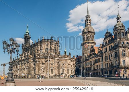 Dresden, Germany - July 24, 2018: People On Square Near Dresden Cathedral Or The Cathedral Of The Ho