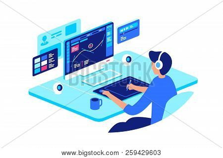 Graphic Designer At Work With High-tech Equipment. Concept Workplace, Craftsman, Device. Vector Illu
