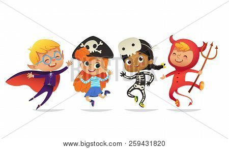 Set Of Multiracial Boys And Girls, Wearing Halloween Costumes Isolated On White Background. Cartoon 