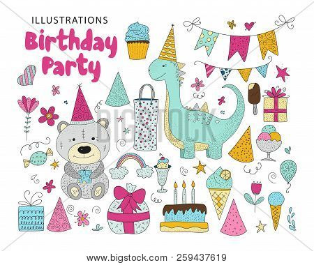 Big Set Of Birthday Party Vector Icons. Cute Hand Drawn Animals And Cartoon Elements.