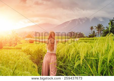 Young Woman Traveler On Beautiful Jatiluwih Rice Terraces Against The Background Of Famous Volcanoes