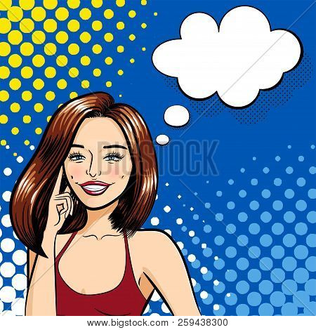 A Beautiful Smiling Woman. Vector Isolated Illustration On A Blue Dotted Background